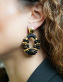 Lott Oorbellen Combi Oval M Gold Stripes Black with Gold Beads